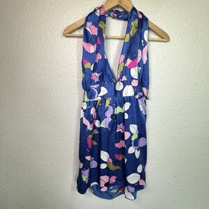Vintage Wet Seal Top M Baby Doll Blue Floral Silk Long Halter Tie Boho Y2K 2000s